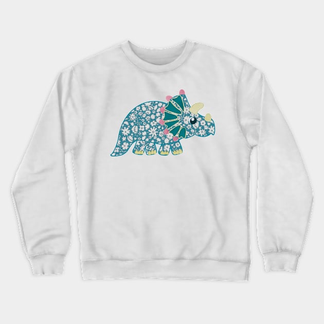 Vintage floral Triceratops Dinosaur on blue background Crewneck Sweatshirt by NattyDesigns